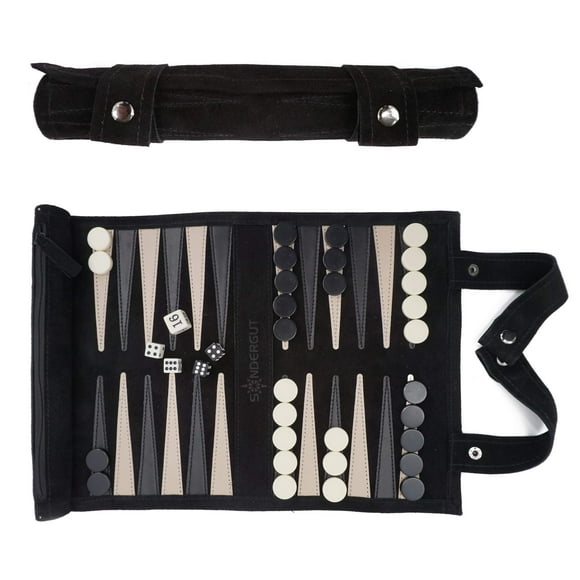 Sondergut Jeu de Backgammon en Daim Portable - pour Adultes et Enfants - Idéal pour Voyage en RV Croisière Avion Camping Randonnée Routes Etc. Plusieurs Couleurs (Noir)