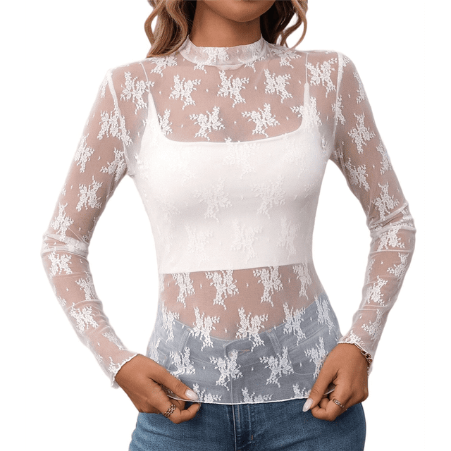 Blusa de de Larga para Mujer con Cuello Alto Transparente Hojas Blancas S