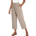 thumbnail image 5 of Women's Cotton Linen Casual Pants Summer Wide Leg Loose Ruffle High Waist Cropped Drawstring Palazzo Flowy Trousers with Pockets Khaki XL(XL), 5 of 6