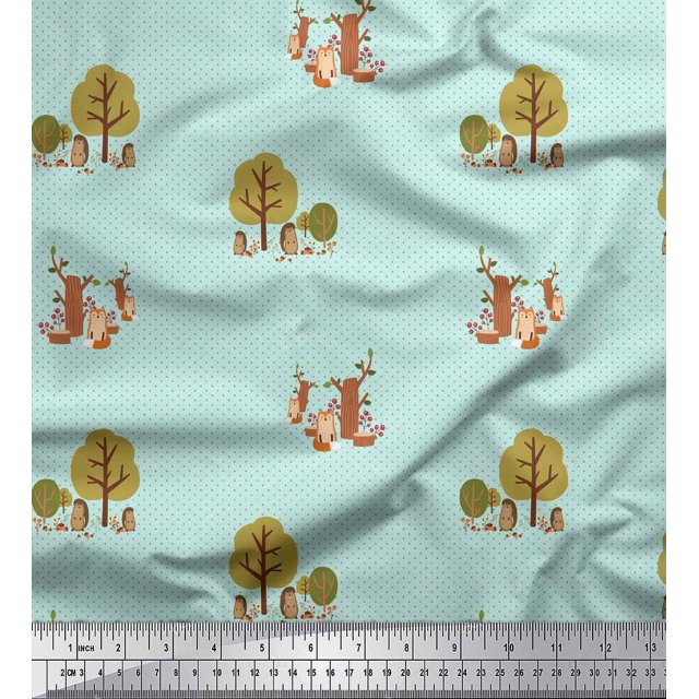 Soimoi Green Modal Satin Fabric Tree & Animals Dots Print Fabric by the Yard 42 Inch Wide