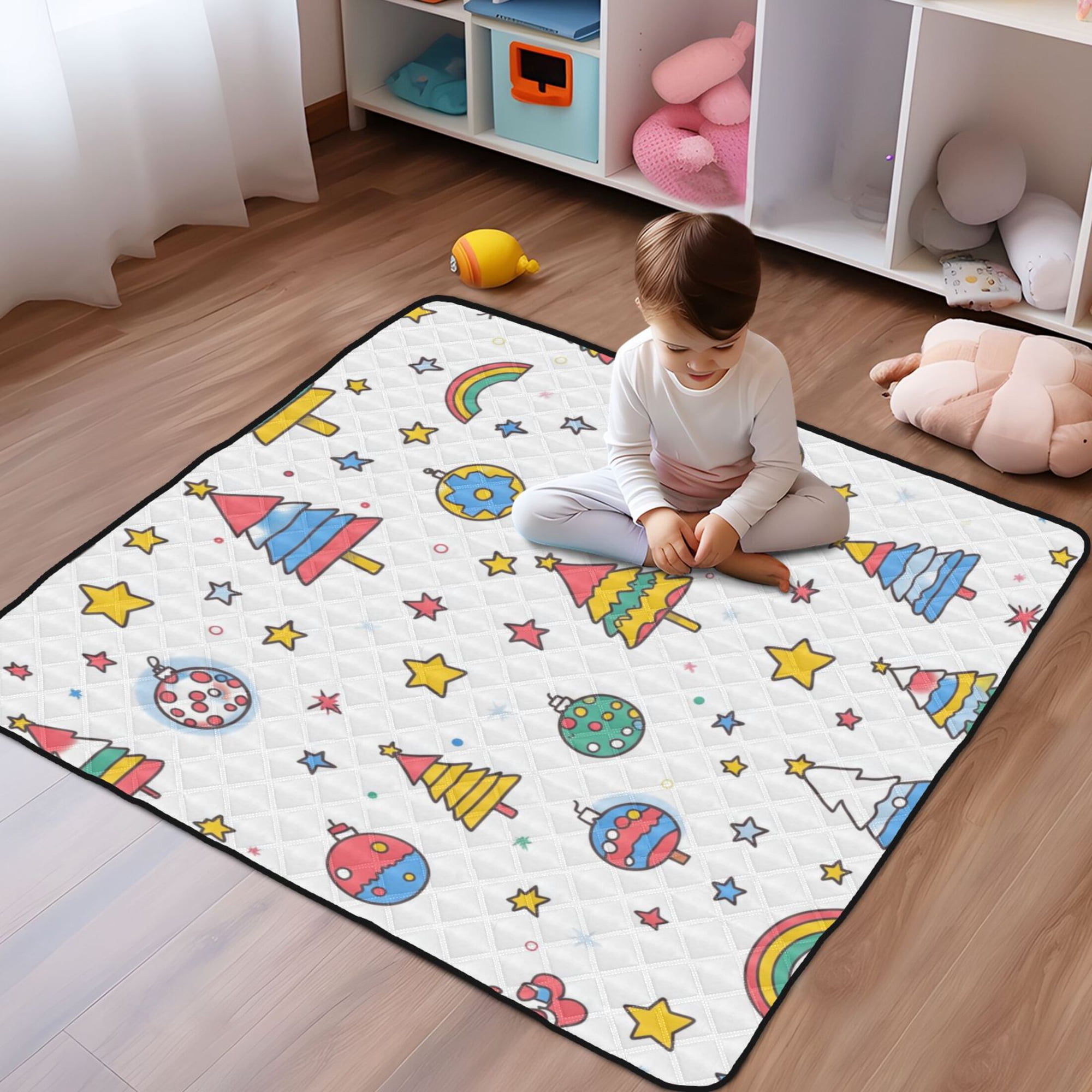 WOBOGO Christmas Tree Disco Balls Pattern Baby Playmats Extra Large Waterproof Rollable Activity Pads for Toddlers 50×50inch