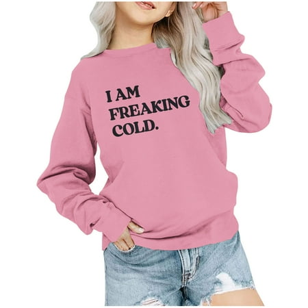 Zwiiyzr Girls Crewneck Oversized Sweatshirt Solid Color Letter Printed Kids Trendy Long Sleeve Loose Round Neck Tunic Blouse Pullover Tops 1-12 Years Pink
