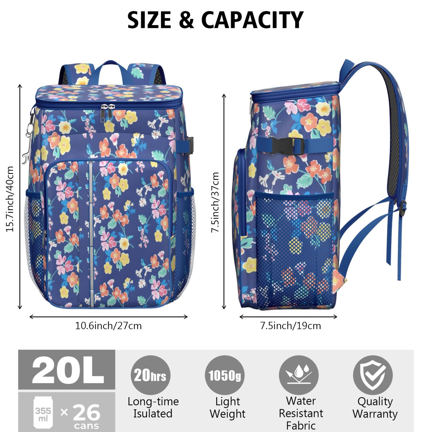 Travel Cooler Bag - Pioneer Flower Floral Print Pattern Camping Beer Cooler Backpack with Bottle Opener- Waterproof Insulated Picnic Backpacks - Cooler Bag for Beach
