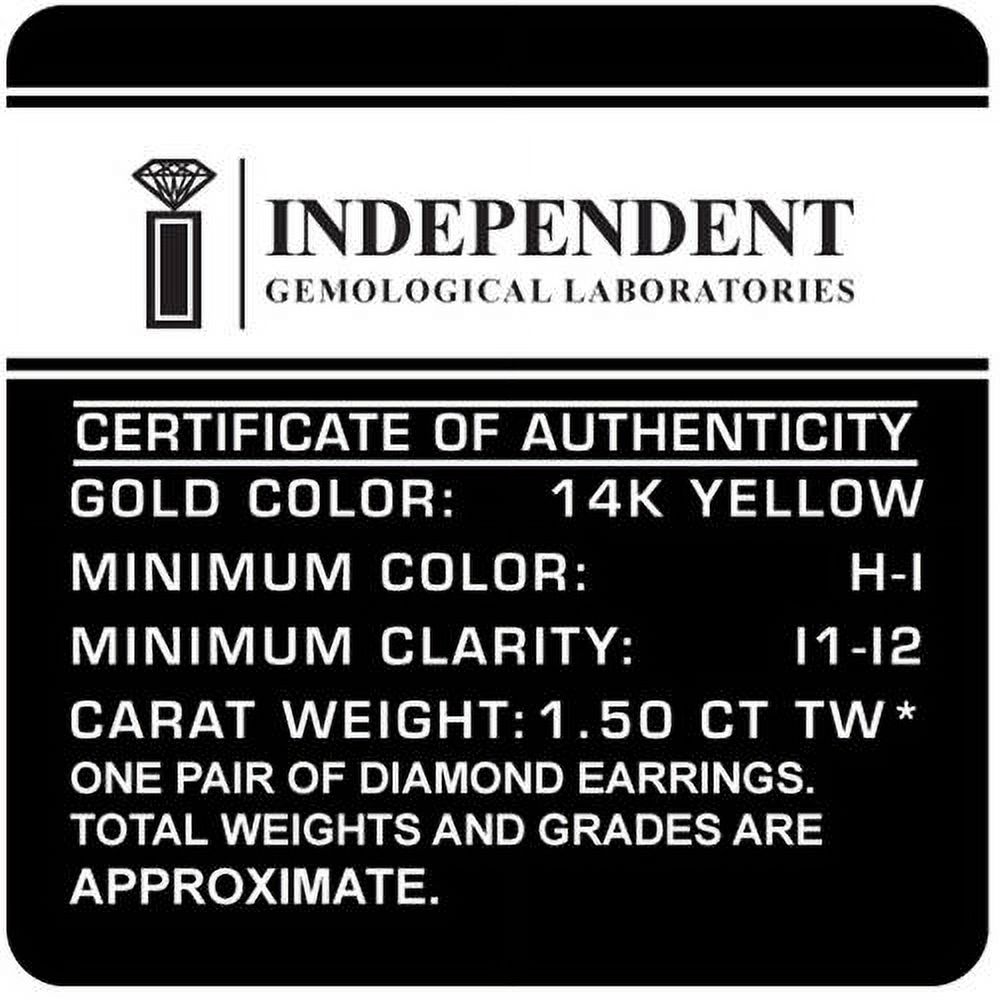 1-1/2 Carat T.W. Round Diamond 14kt Yellow Gold Bezel Stud Earrings, IGL Certified, Comes in a Box
