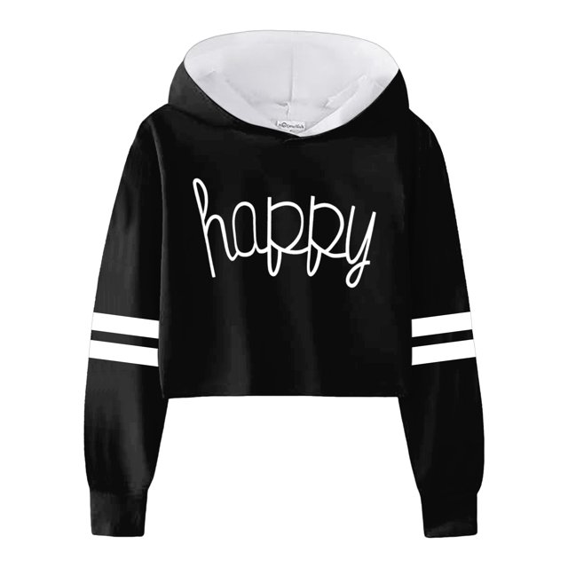 MIASHUI Chandails Décontractés pour Filles, Sweat à Capuche, Imprimé Lettres, Rayé, Court, Noir, 3-4 Ans