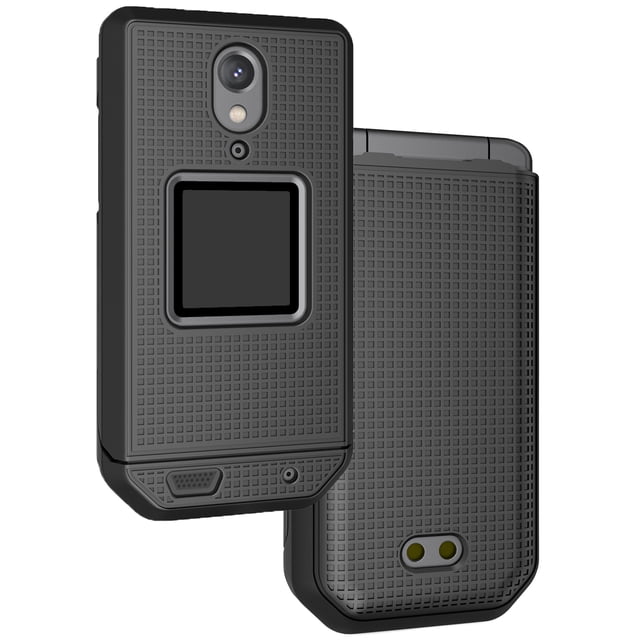 Case for CAT S22 Flip Phone by Nakedcellphone, featuring a slim hard shell protector cover in black with a grid-textured matte finish. The case is designed to snap onto the front and back panels of the phone, providing impact protection and shielding against dings, scuffs, and scratches. It includes precise cutouts for buttons, ports, camera, and speaker, allowing full functionality while the phone remains in the case. The exterior screen is recessed within an elevated trim for added protection. Made of durable polycarbonate with a powder coating for enhanced grip and fingerprint resistance. The slim form-fit design ensures minimal bulk, making it pocket-friendly.
