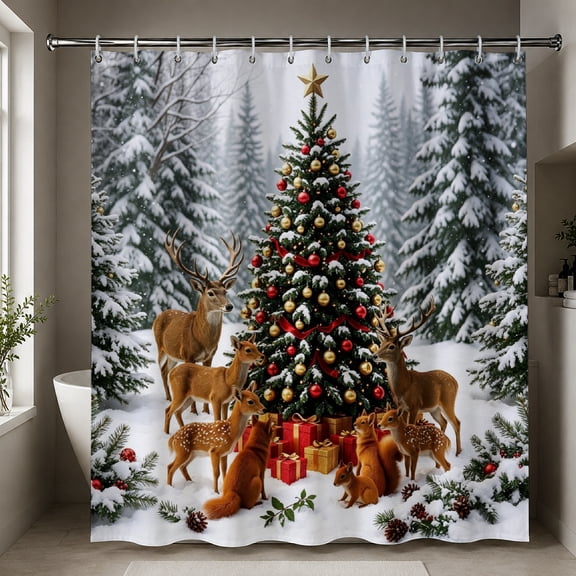 Rdsfhsp Christmas Tree Shower Curtain Snowy Forest Deer Winter Holiday Decor Waterproof Polyester Fabric Bath Curtain with Hooks