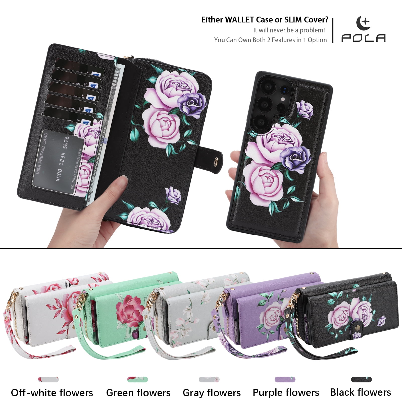 TECH CIRCLE 2-in-1 Wallet Case for Galaxy S23 (6.1", 2023), Detachable Magnetic Back Cover, PU Leather Flip Flower Phone Case with 15 Card Slots, Zipper Pocket, Wrist/Shoulder Strap, Black