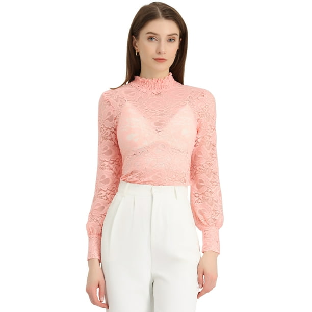 Blusa floral de manga larga con cuello alto y manga larga con encaje de malla para mujer Rosa L