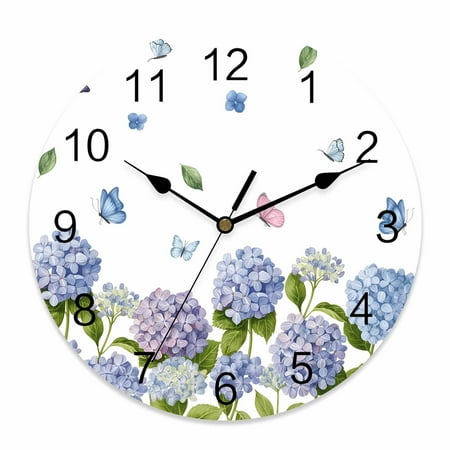 Wall Clock Blue Purple Hydrangeas Clocks PVC Silent Non-Ticking Battery Operated Decorative Floral Leaves Butterfly Round Clock for Home Living Room Kitchen Bedroom Office School Wall Decor 10 Inch