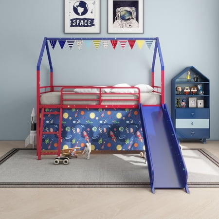 Jack Metal Junior House Twin Loft Bed with Slide and Curtain Set, Super Hero Color Red and Blue