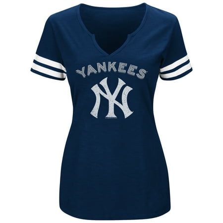 - Women's Majestic Navy/White New York Yankees Decisive Moment V-Notch T-Shirt