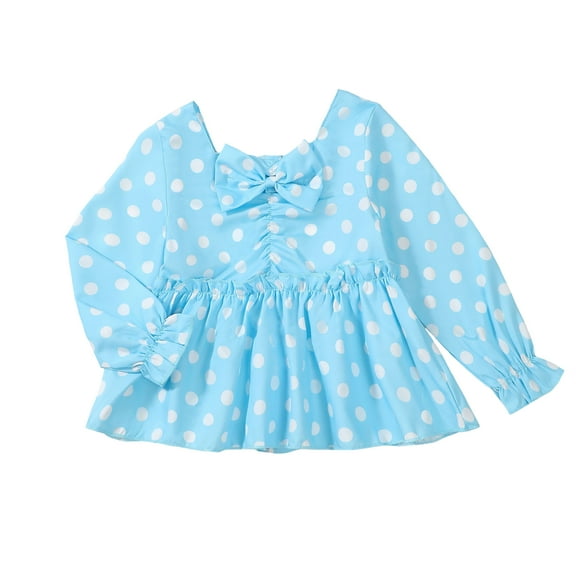 6T Little Girls Clothes 7T Girls Tops Little Girls Long Sleeve Square Neckline Polka Dots Tops Blue