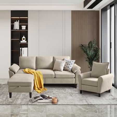 Pingliang Home Living Room Furniture Set,Sectional Sofa and Accent Chair,3 Seat L Shaped Couch with Reversible Storage Ottoman and Armchair, for Living Room Office Apartment Studio