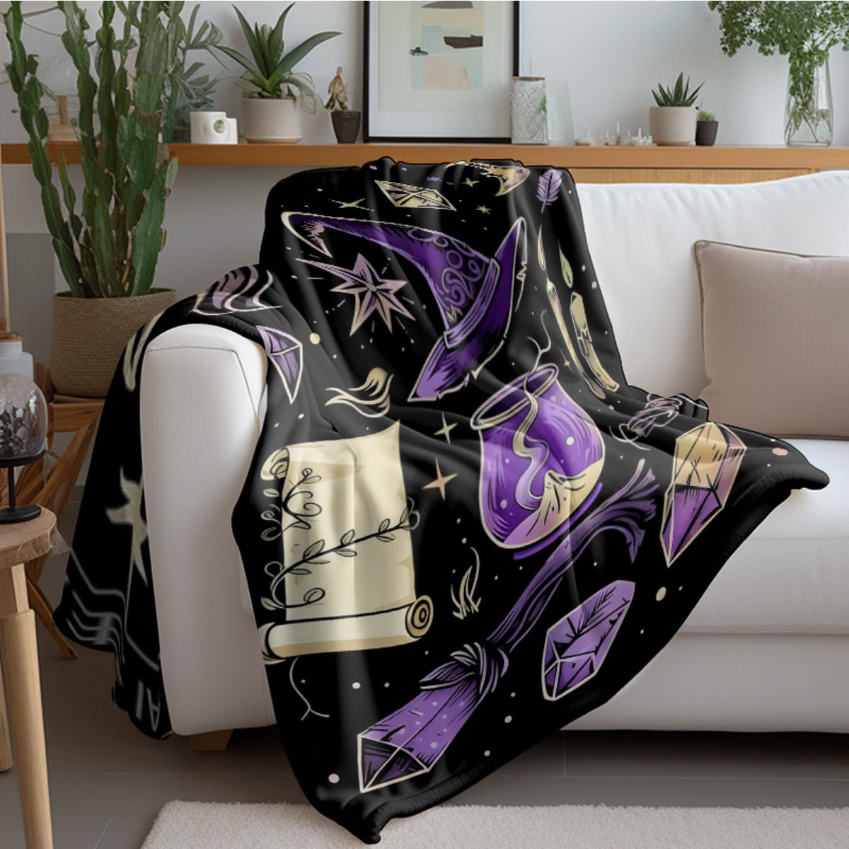 Halloween Witch Theme Blanket - Plush Fleece Purple & Black Magic Throw with Witches, Bats, Cauldrons & Design - Soft Cozy Bedspread for Couch, Bed, Parties - Lightweight Warm All-Season Decor (280gs