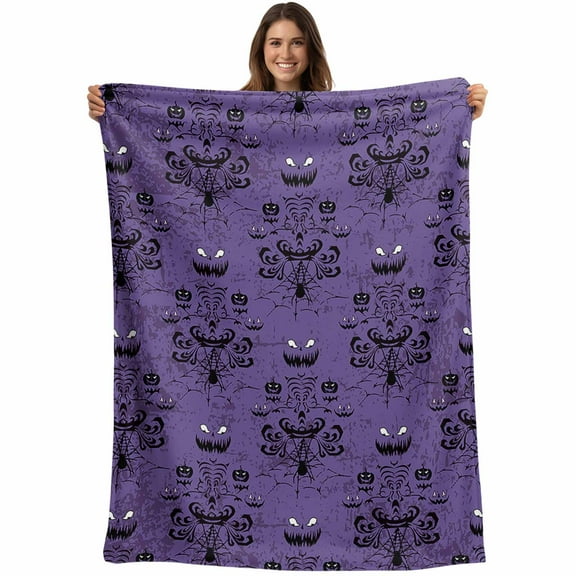 Flannel Fleece Throw Blanket Halloween Haunted Pumpkin Ghost Spiders Web Lightweight Soft Plush Blankets,Black Damask Floral on Purple Cozy Warm Throw Blanket for Couch Sofa Bed Car Office 40x50in