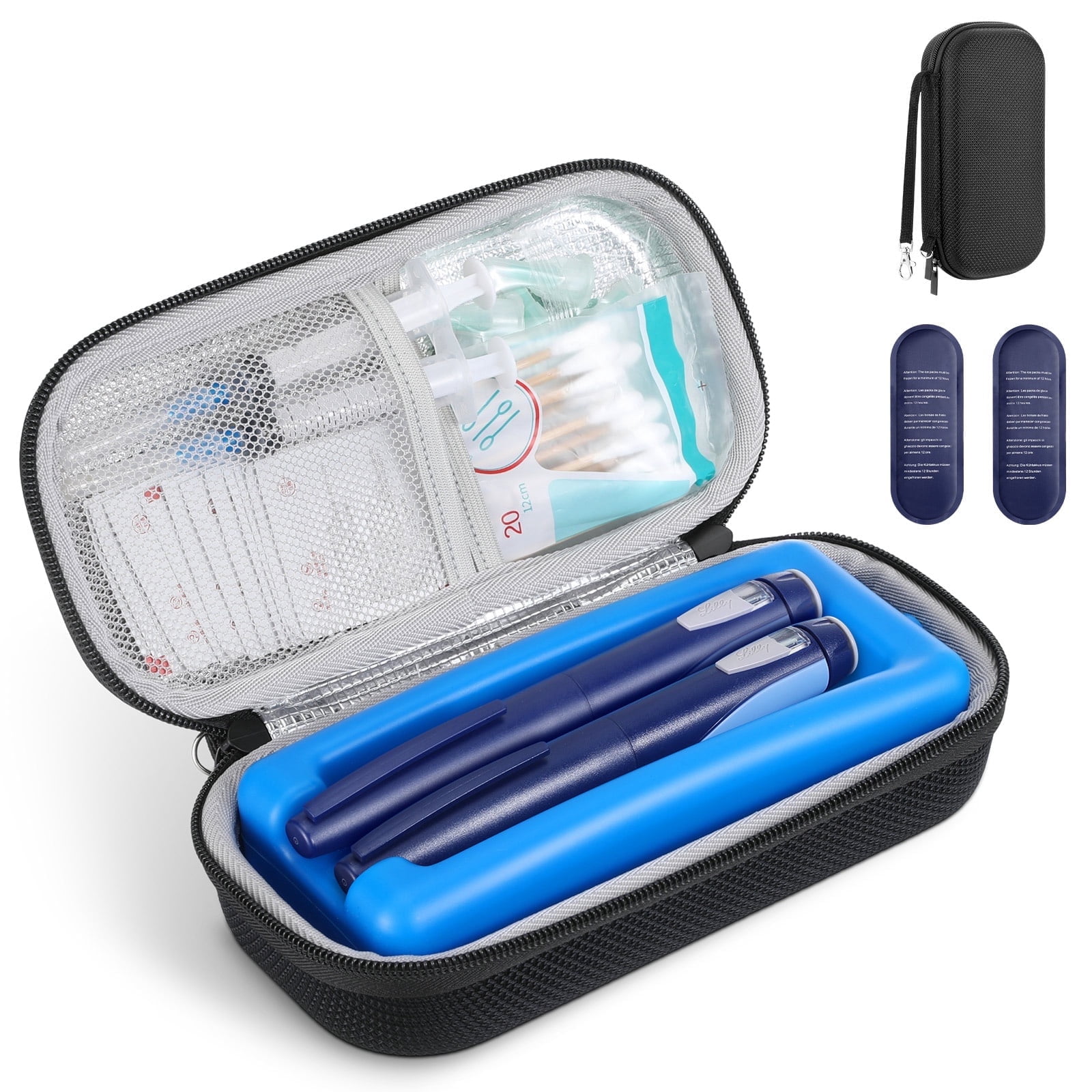 MoKo Insulin Cooler Travel Case, EVA Hard Insulated Diabetes Cooler Carrying Bag with 2 x Ice Packs & Ice Brick (Hold 2 Pens) for Supplies Keep Medicine Cool, Black