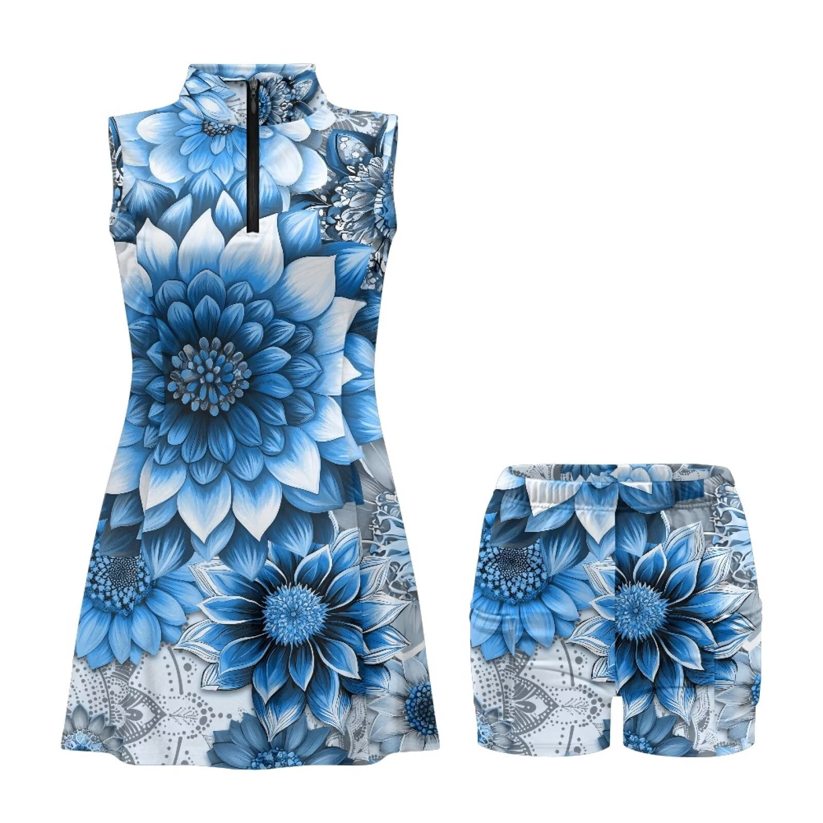 Yuyamidu Blue Boho Mandala Floral Golf Dresses for Women Moisture Wicking Workout Active Athletic Dresses with Shorts Workout Dress with Two Side Pockets Golf Outfit Size 2XL