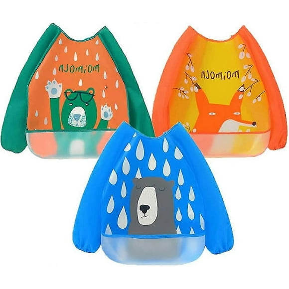 Paquete de 3 baberos con mangas, impermeables, de manga larga, lavables y aptos para niños de 6 a 36 meses. Ideales para comer y pintar.