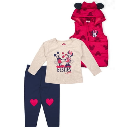 Disney Minnie Mouse Baby Girl Puffer Vest, Long Sleeve Shirt, & Pants, 3pc Outfit Set