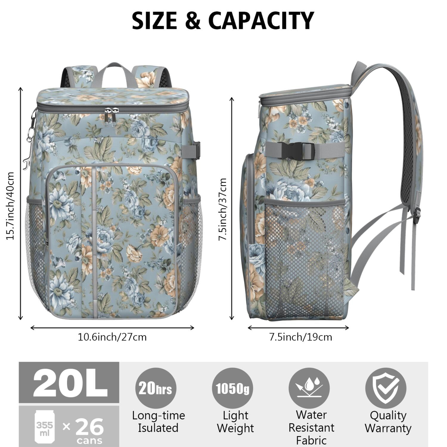 Travel Cooler Bag - Pioneer Flower Floral Print Pattern Camping Beer Cooler Backpack with Bottle Opener- Waterproof Insulated Picnic Backpacks - Cooler Bag for Beach