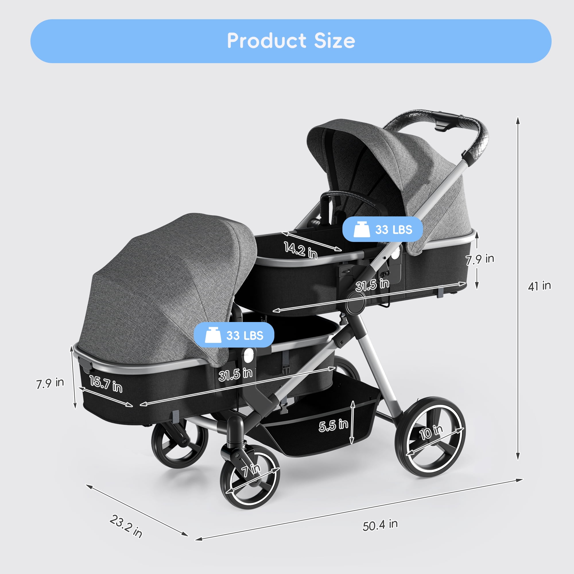 Double Stroller, Foldable Tandem for Infants & Toddlers, Reclining Seats, 5-Point Harness, Large Basket, Gray