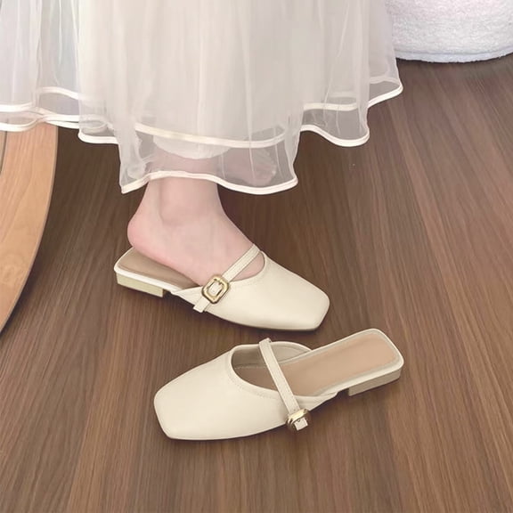 Fashion Square Toe Mary Jane Mules for Women Metal Buckle Strap Slip On Spring Summer Flat Footwear