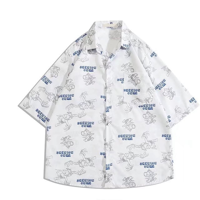 Camisa de playa holgada, de manga corta, color blanco, con cuello vuelto y botones, talla XL, con estampado de dibujos animados para hombre