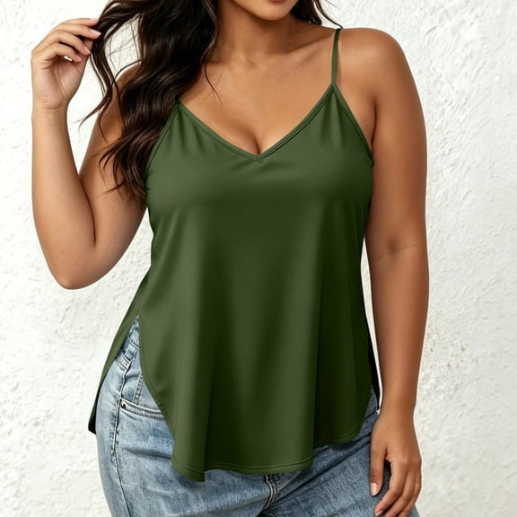 ClodeEU Women's V Neck Flowy Cami Top, Loose Fit Spaghetti Strap Tank Army Green,Women's Plus L