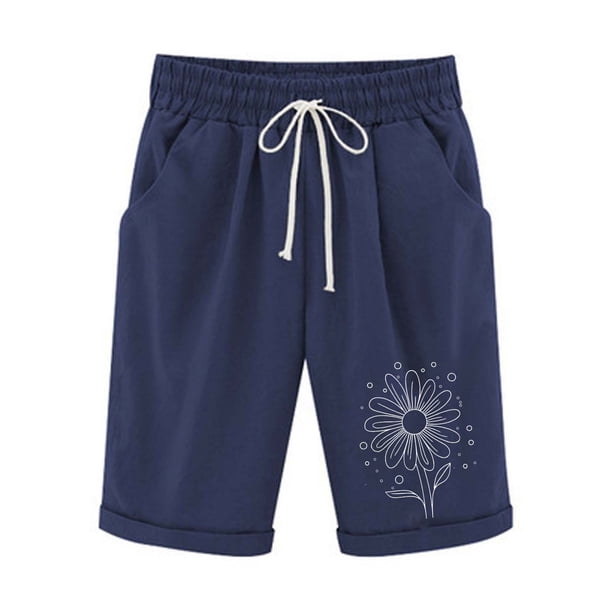 Pantalones Cortos de Verano para las Mujeres de Cintura Alta Estampado Elástico Cordón de Cintura, Casual Bolsillos Pantalones de Pijama