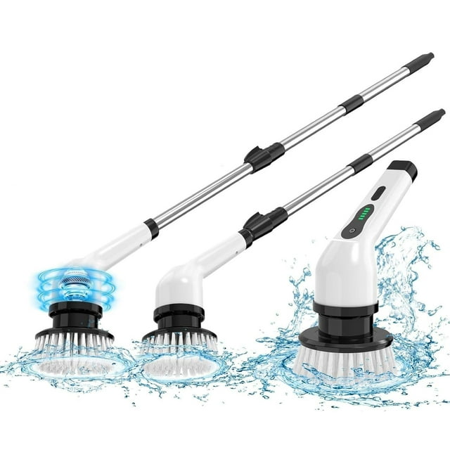 Cepillo Electrico para Baño Limpieza, con Cabezales de Cepillo para Polvo reemplazables, impermeable Cepillo de Limpieza inalámbrico, Mango de Extensión Ajustable para baño, cocina, coche
