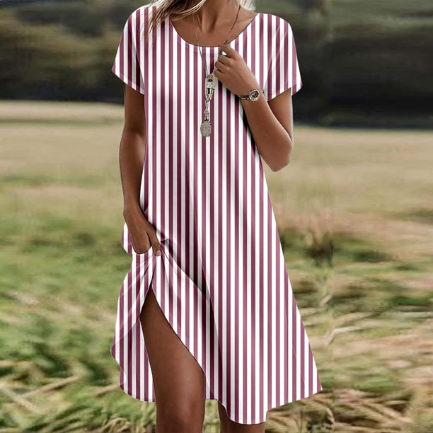 WILLBEST Vestidos Casuales para Mujer Vestido Casual Fluido de Cuello Redondo para Mujer, Línea A, para Verano, Vacaciones En La Playa, Uso Diario, Cómodo, Lavable A Máquina, Atuendo Básico Chica