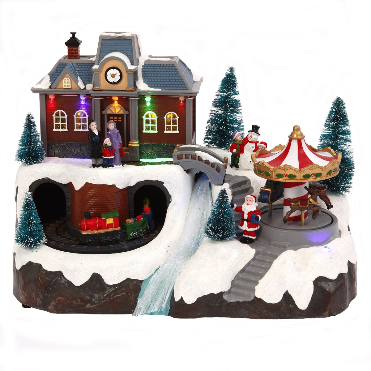 Holiday Animated Christmas Winter Snow Village Scene Carousel Train Lights  Decor 