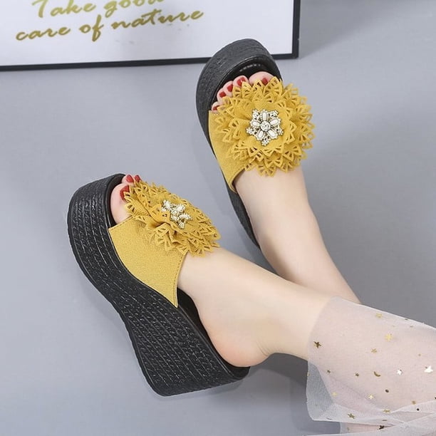 ¡Novedad de 2022! Zapatillas cómodas con plataforma y tacón de cuña, sandalias de crisantemo con correa de flores para mujer, zapatillas de mujer de talla grande 34-4341 Gao Jinjia LED