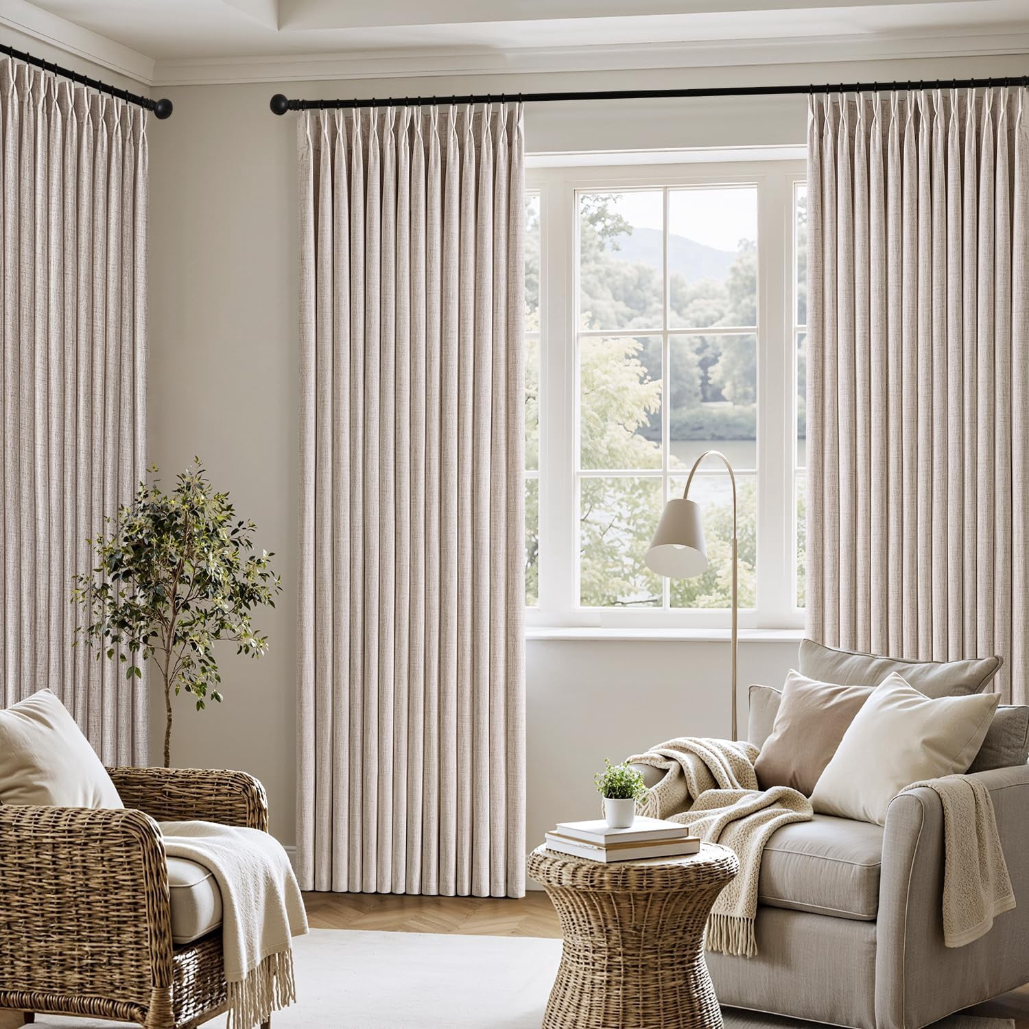 Pinch Pleated Thick Linen Curtains 96 Inch 4 Panels Set Back Tab Memory Trained Pinch Pleat Semi Sheer Light Filtering Privacy Curtain Let Light in Window Drapes for Living Room Bedroom Natural
