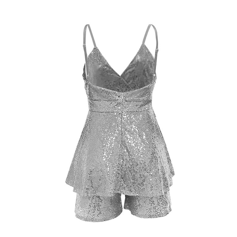 REALiKUN Women Sexy Sequin Romper Dress Sparkly Glitter Spaghetti