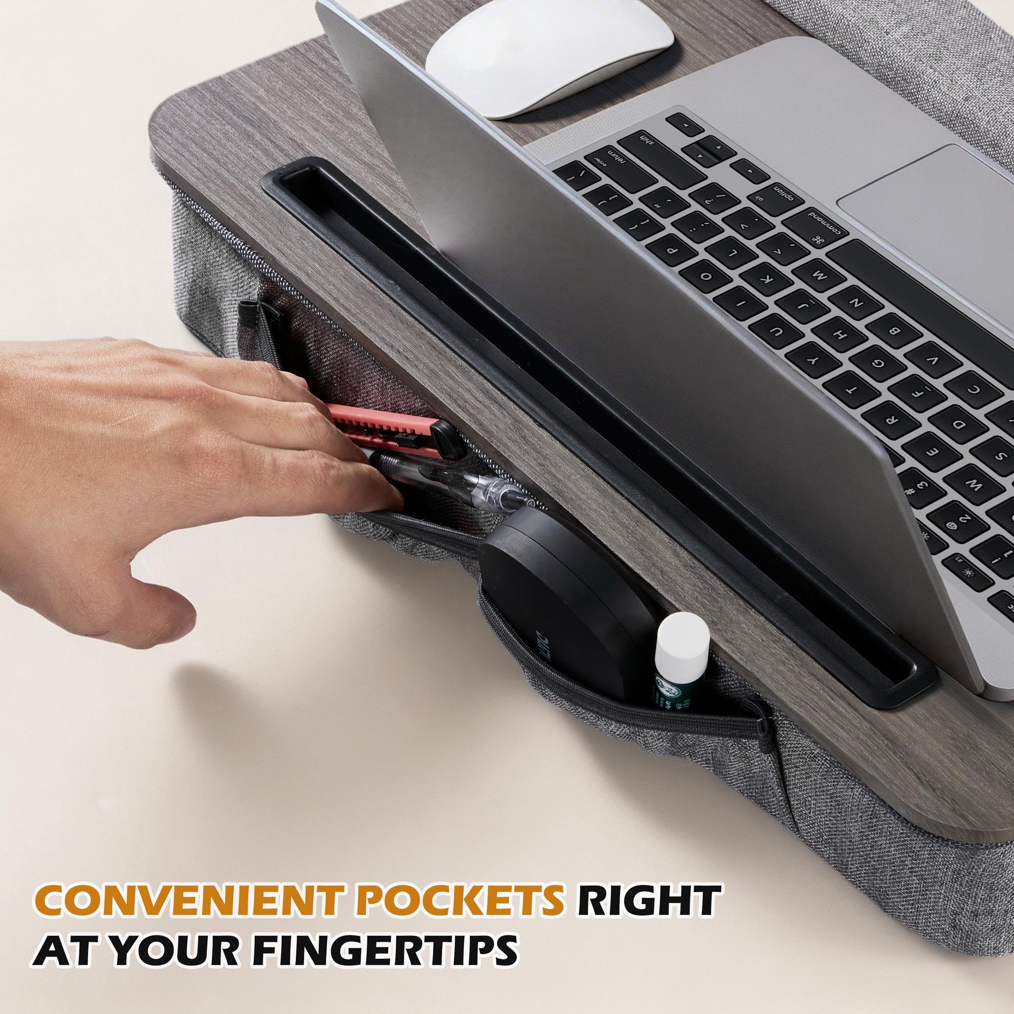 Coliware Lap Desk with Pillow Cushion, Portable Laptop Desk with Anti-Slip Strip Wrist Rest & Storage Function Fits Up to 15.6” Laptops, Laptop Stand for Home Office, Gray Book Tablet