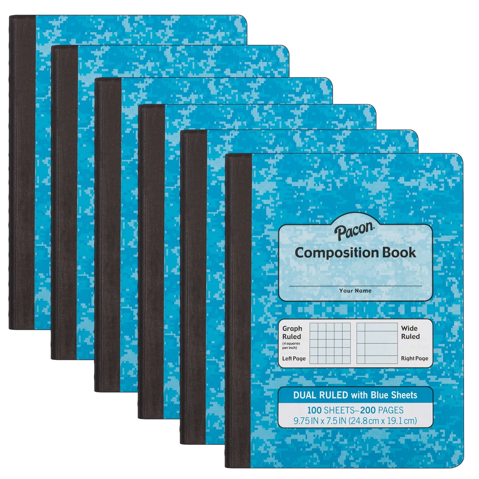 Pacon Dual Ruled Composition Book, Blue, 1/4" Grid & 3/8" Wide Ruled, 9-3/4" x 7-1/2", 100 Sheets, Pack of 12