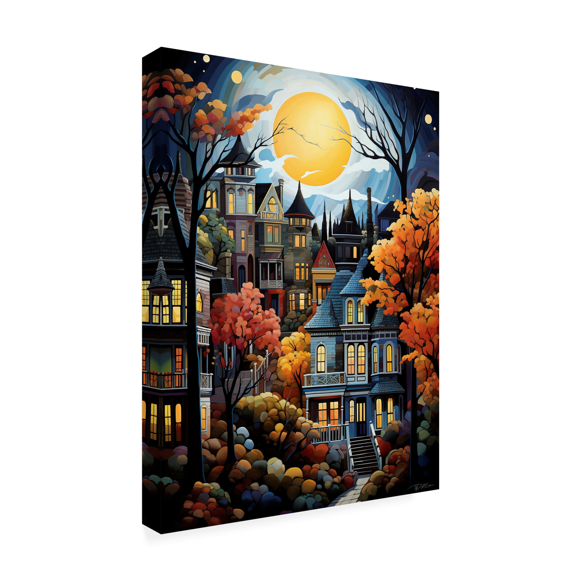 Canvas Wall Art - Momart 'Serene Village Under The Moon 4' Wall Art for Living Room, Bedroom, or Office Décor by Trademark Fine Art - 24 x 32 Inches
