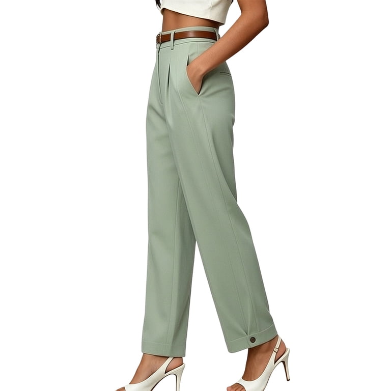 Htigea Dress Pants for Women High Waisted Business Office Work Trousers Solid Color Straight Leg Pant with Pockets Mint Green L