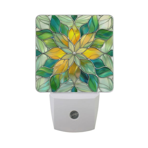 Abstract Yellow Green Floral Stained Glass Night Light 2 Pack LED Nightlight Plug into Wall Dusk to Dawn Sensor Soft White