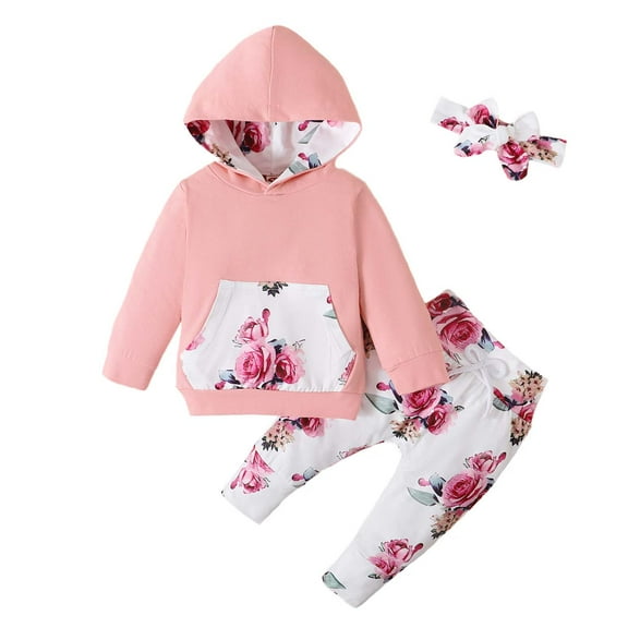 Kucnuzki Newborn Baby Girls Outfits 6-12 Months Long Sleeves Hoodie with Pocket Hooded Top Floral Pants with Heaadband 3pcs Baby Girls Pant Sets Fall Pink