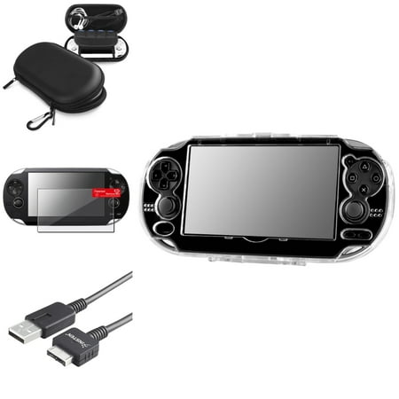 Insten Crystal Case+Blk Hard EVA Case Pouch+Screen Protector+USB Cable For Sony PS Vita