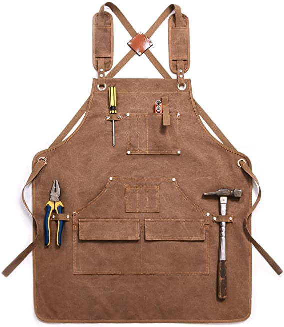 Kepooman Durable Canvas Workshop Aprons with Storage Pockets for Women Men, Brown Kepooman Durable Canvas Workshop Aprons with Storage Pockets for Women Men, Brown