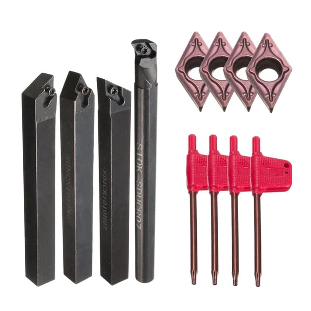 Soportes de torneado de torno kusrkot Portaherramientas de torneado 4 piezas + 4 piezas de inserciones DCMT0702 + llaves T8 4 piezas