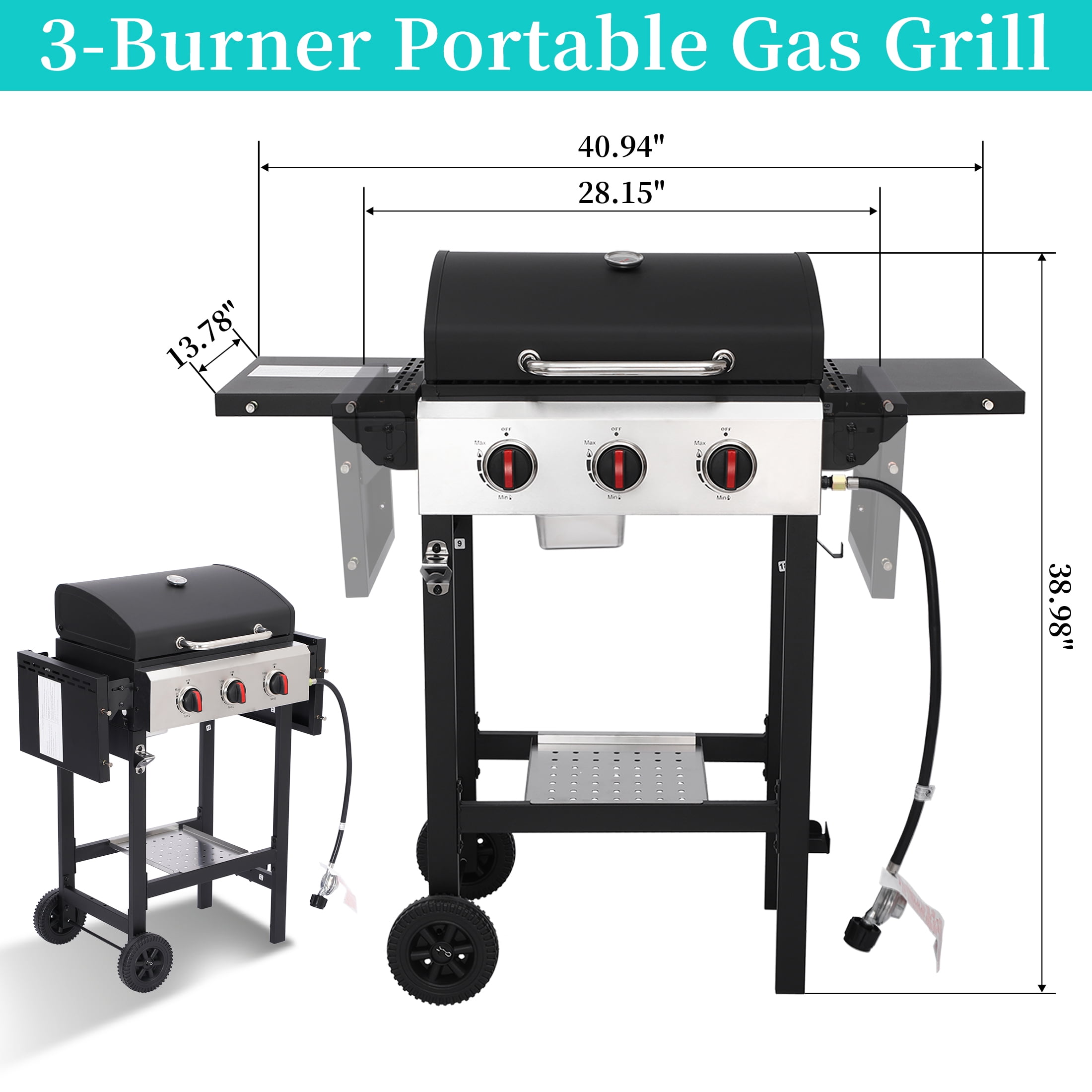 Garden It 3-Burner Propane Gas Grill, 30,000 BTU Portable BBQ with Foldable Side Table, Cast Iron Grates & Regulator for Outdoor Camping Backyard