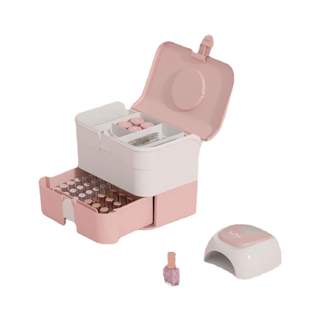 Cosmetic Storage Box, Portable Compartment Design Dustproof Cosmetic Storage Box 2 Layers Drawer Large Capacity Makeup Storage Box with Handle for Nail Polish Nail Art