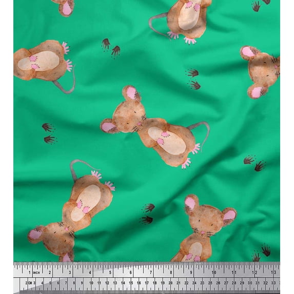 Soimoi Green Rayon Fabric Footprints & Mouse Kids Print Sewing Fabric Yard 42 Inch Wide