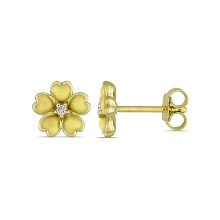 Cutie Pie White Topaz Accent Yellow Rhodium-Plated Sterling Silver Children's Flower Stud Earrings with Yellow Enamel