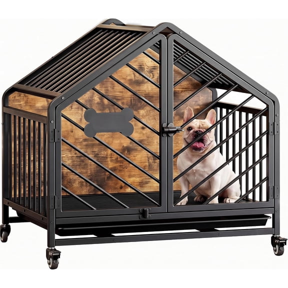 27.6" Dog Crate Furniture with Pull-Out Tray and Wheels